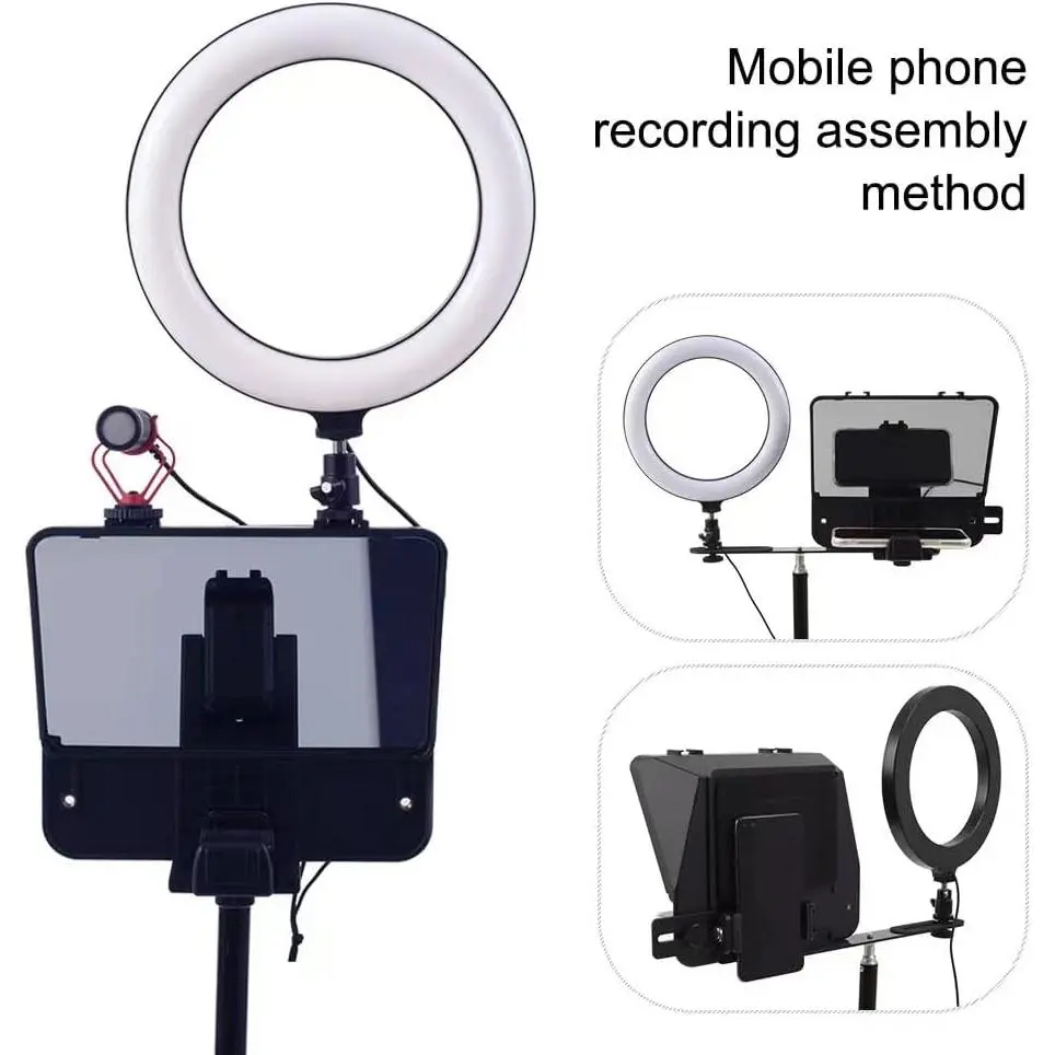 Portable smartphone DSLR camera teleprompter with phone holder and remote control, a video production tool for recording, live streaming, interviews, stage performances, and presentations.