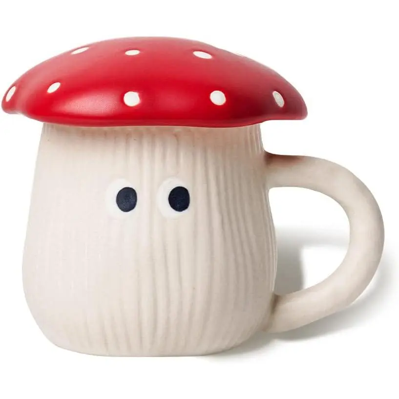 Cute Mushroom Mug with Lid,   Cover & Eyes, Safety Matt Ceramic Milk Mugs, 12 oz Cartoon  Cup.  Gifts for Women & Girls.