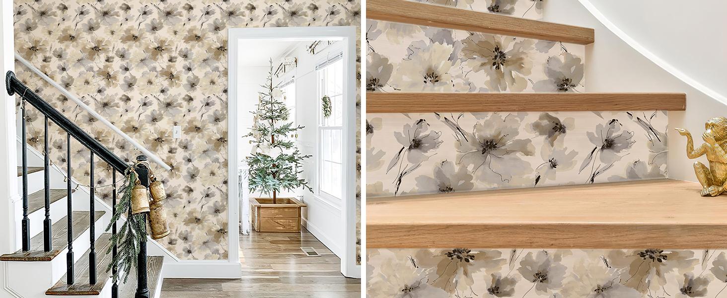 Floral Peel and Stick Wallpaper, Beige Yellow Watercolor Flower Contact Paper Peel and Stick for Bedroom, Vintage Removable Waterproof Self Wall Paper 118 x 17.3in, 14.4 sq.ft