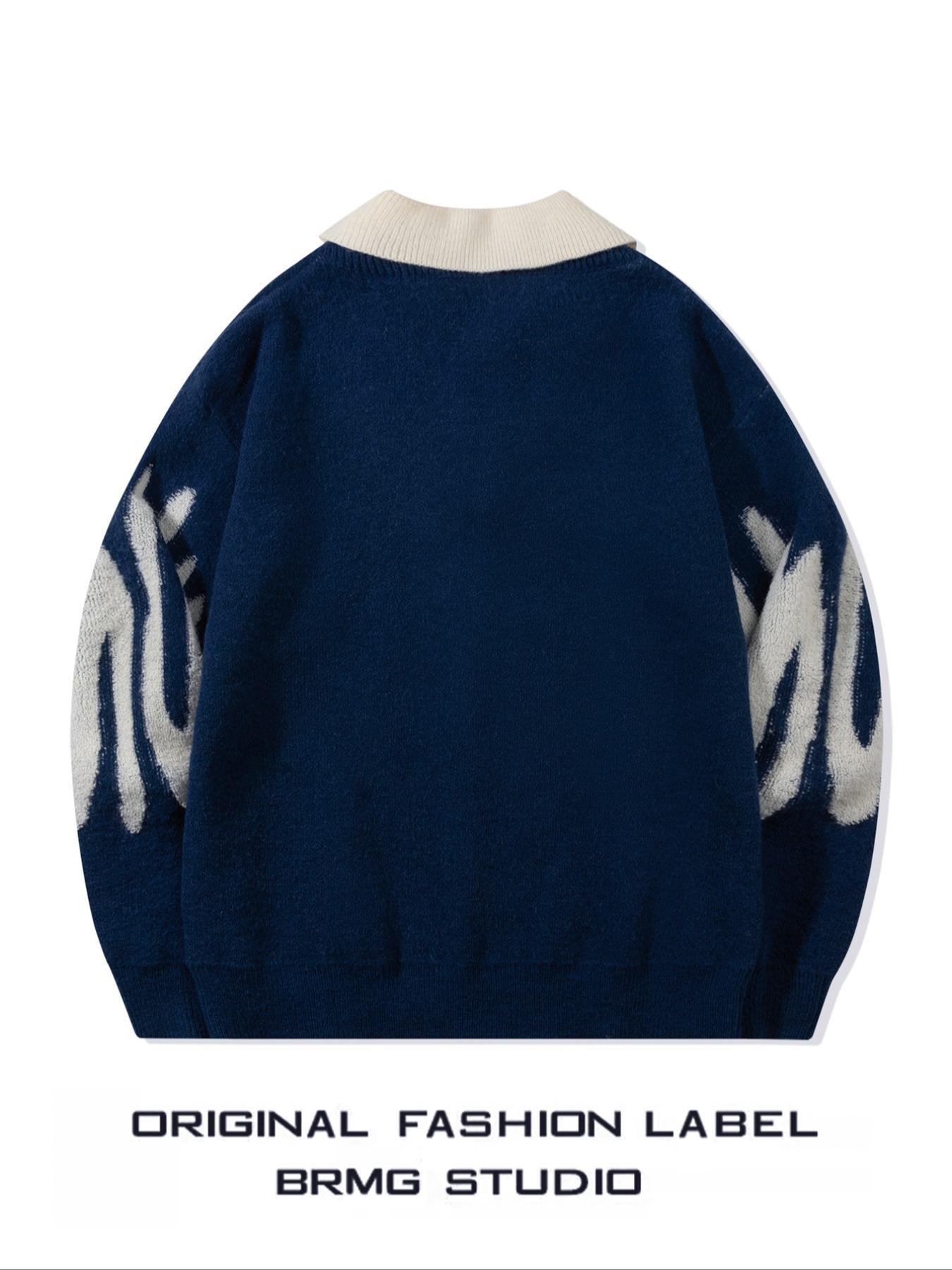 Men's Letter Print 2 in 1 Collar Polo Sweater, Loose Casual Collared Long Sleeve Knitted Button Front Jumper for Spring & Fall, Fashion Men's Knitwear for Daily Wear, Pullover, Casual Chic Knitwear, Tops
