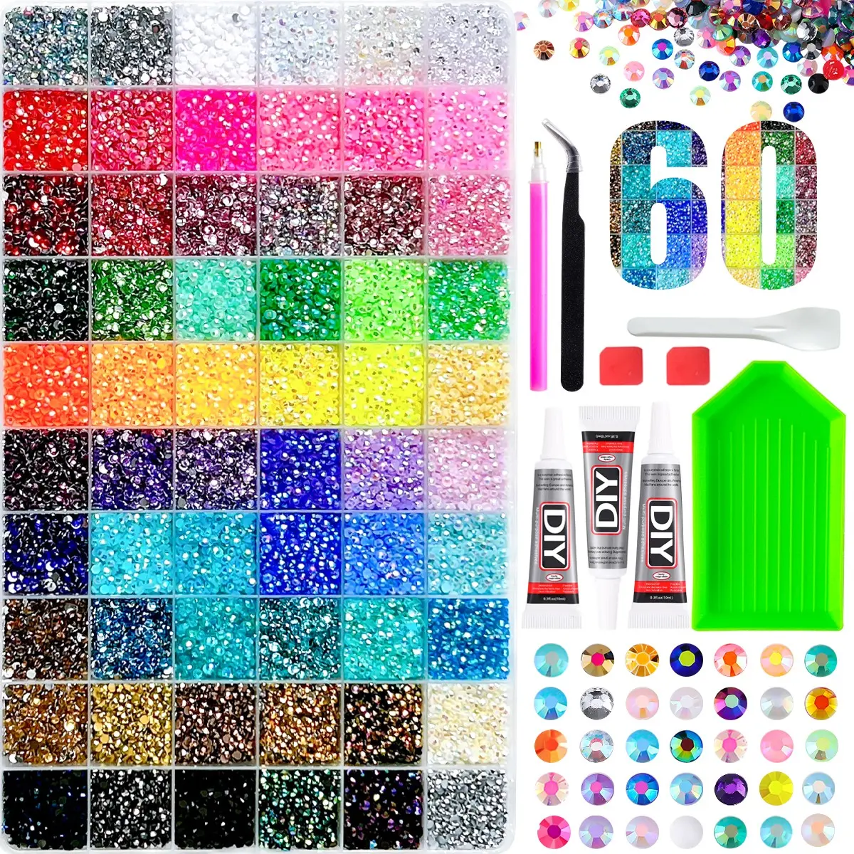 1Box Trendy Bling AB Rainbow Colors Resin Nail Rhinestones 60 Colors Semi-circular Flatback Crystal Gems Nail Bedazzling Rhinestones Kit with Professional Tools DIY Handmade Gift Nails Decorations
