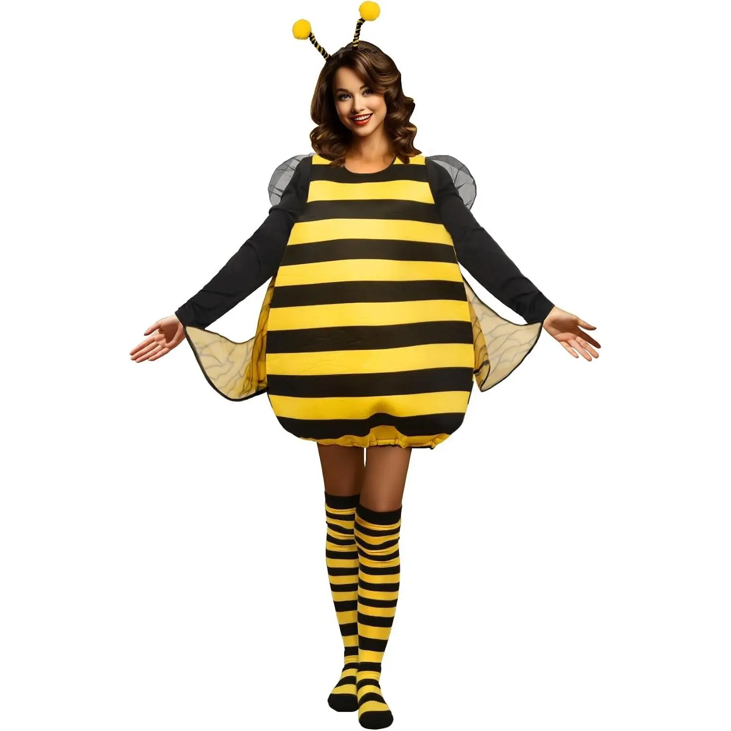 Women's Bumble Bee Costume Halloween Outfit with Headband, Wings and Antennae | Machine Washable Adult Bee Outfit for Parties and Photos(Gift)