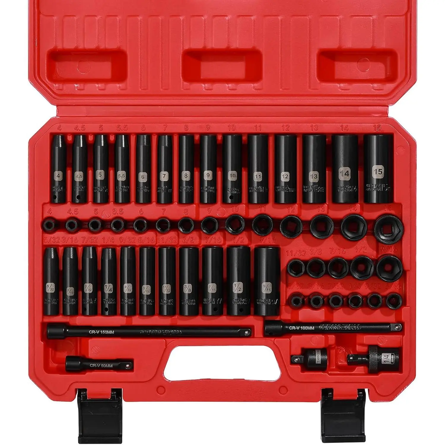 55 count 1/4 Inch Drive Master  Socket Set, Metric/SAE, Deep/Shallow, 6 Point, CR-V, 5/32 Inch - 9/16 Inch, 4mm - 15mm, With Extensions,Adapters, Joint