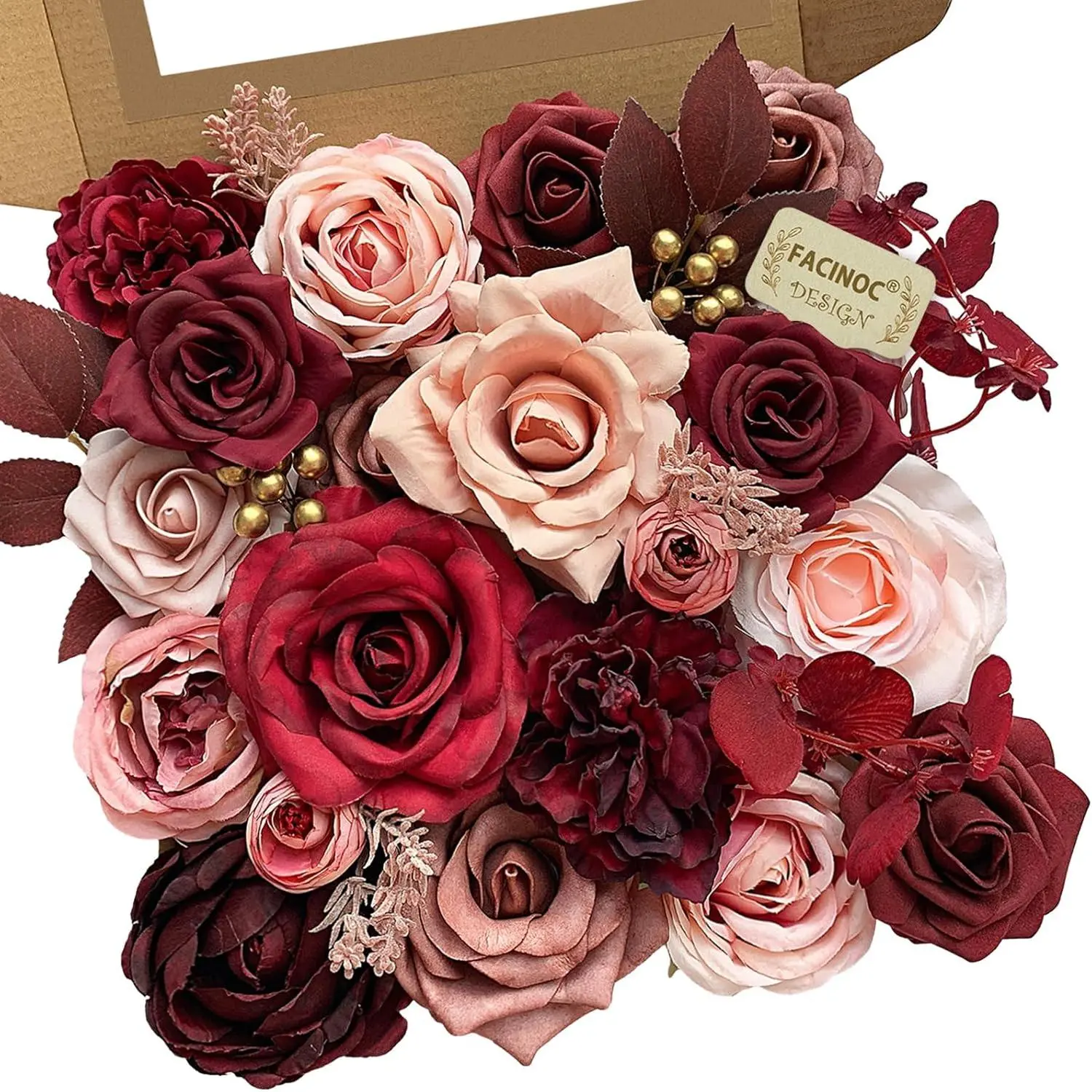 Roses Artificial Flowers Burgundy Red Bouquet Fake Flower Bulk| DIY Wedding Bouquets, Bridal Shower Decorations, Silk Faux Floral Arrangement, Table Centerpieces, Home Decor, Dusty