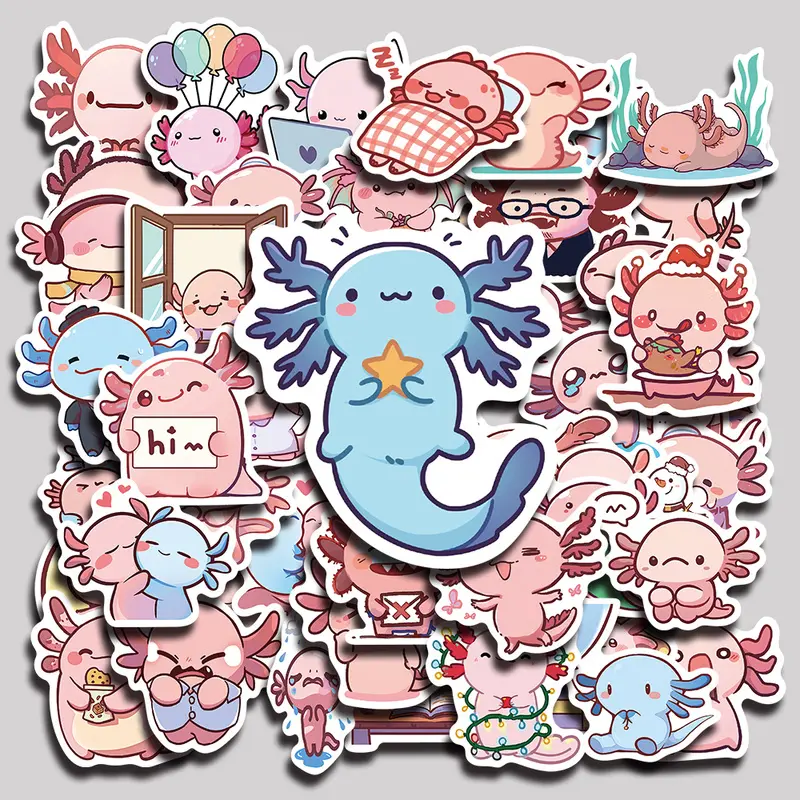 50PCS Quirky Axolotl Daily Life Aesthetic Vinyl Illustration Stickers Pack for Laptop Water Bottle Phone Case Skateboard Journal Scrapbook DIY Decoration