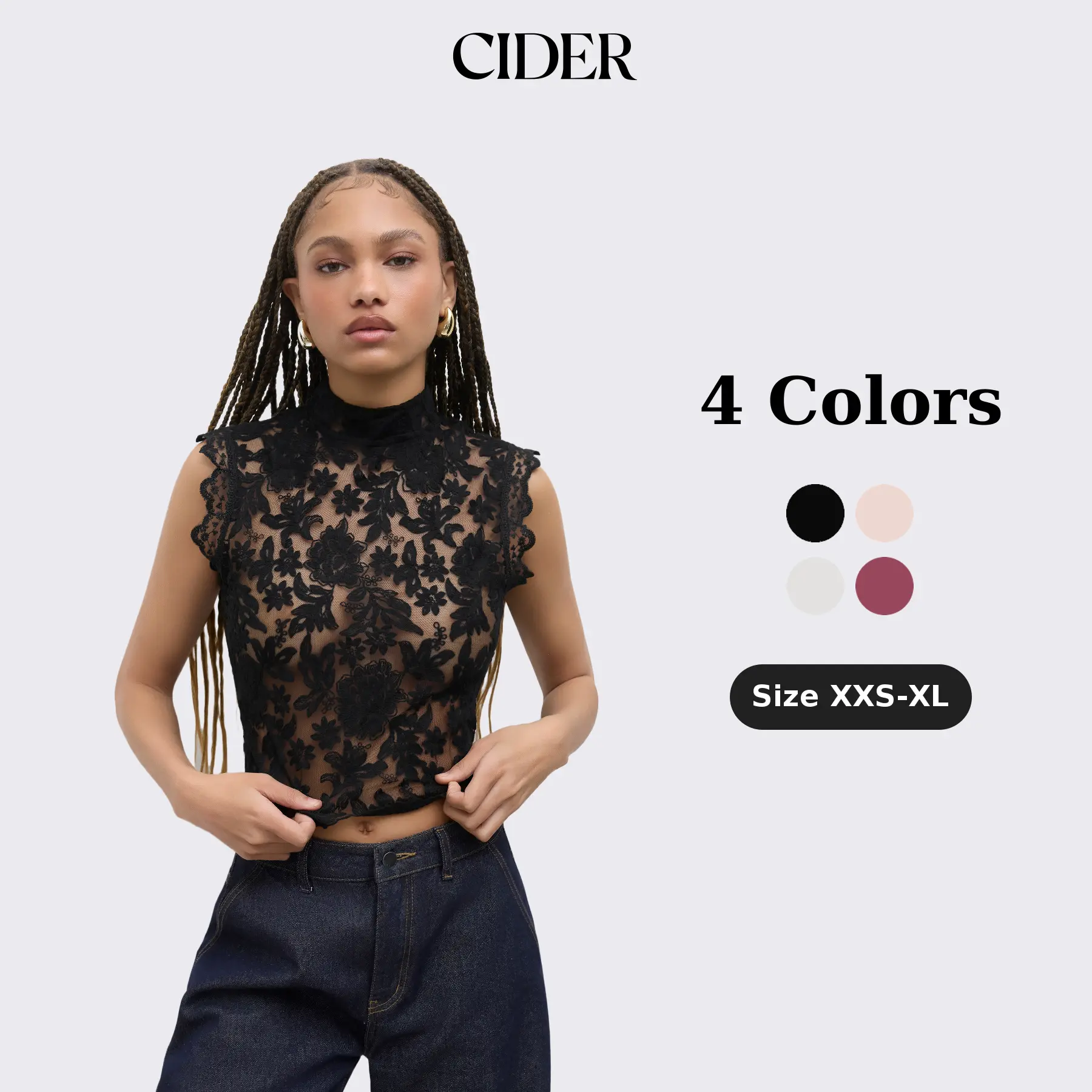 Cider Lace Crop Top with Mandarin Collar – Sheer Floral See -Through Tank, Layering-Friendly for Date Nights & Spring Outfits SummerFinds
