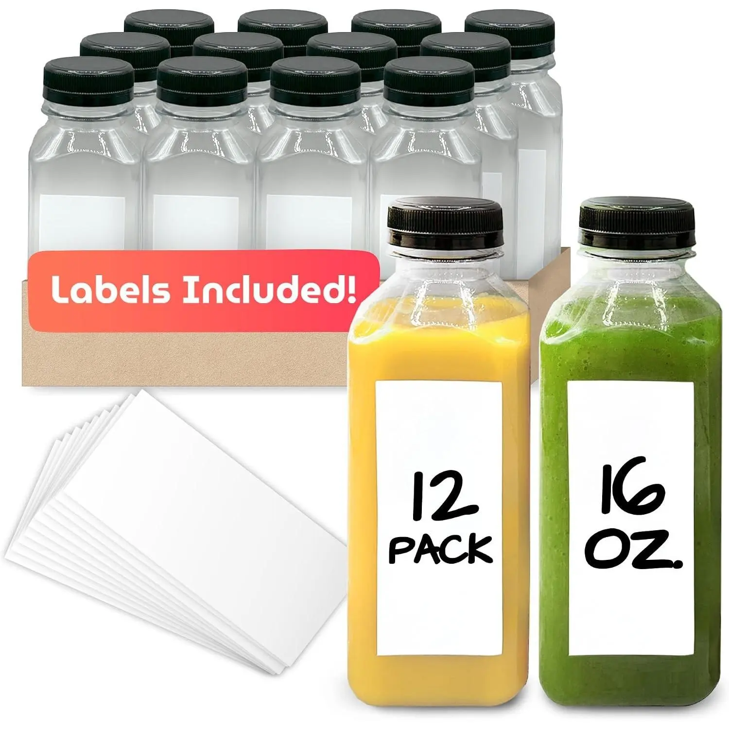 16oz BPA-Free Plastic Juice Bottle Set - 12-Pack Reusable, Leak-Proof Containers with Caps & Labels for Pet Juicing, Hydrating Beverages