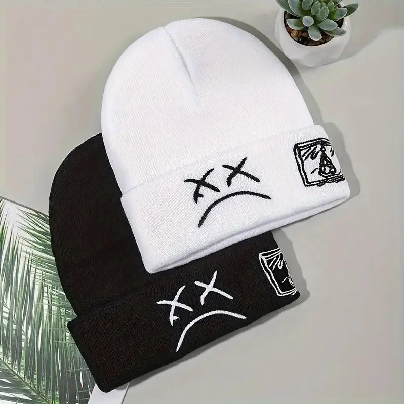Unisex Sad Face Embroidered Beanie, Cuffed Knit Skull Cap, Warm Winter Hip Hop Street Style Hat for Men and Women, Men's Accessories, Skull Caps