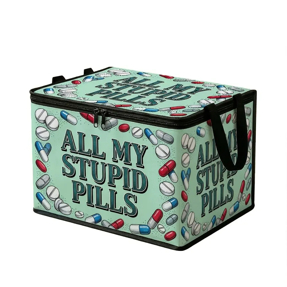 Funny Pill Text Print Storage Box, Large Capacity Zipper Dustproof, Organize Medicines and Small Items, Practical and Stylish