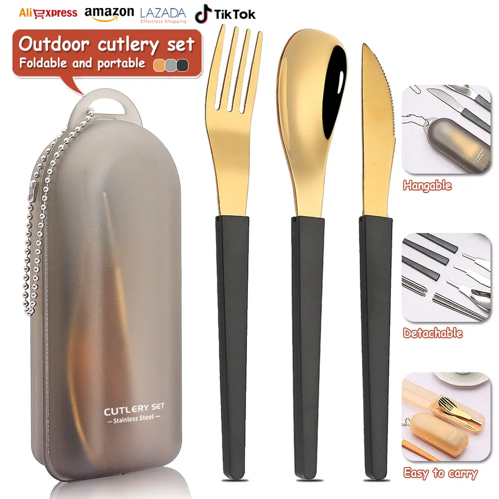 Best-selling daily necessities 304 stainless steel portable tableware folding four-piece set Multi-functional outdoor for one person