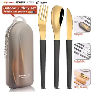 Best-selling daily necessities 304 stainless steel portable tableware folding four-piece set Multi-functional outdoor for one person