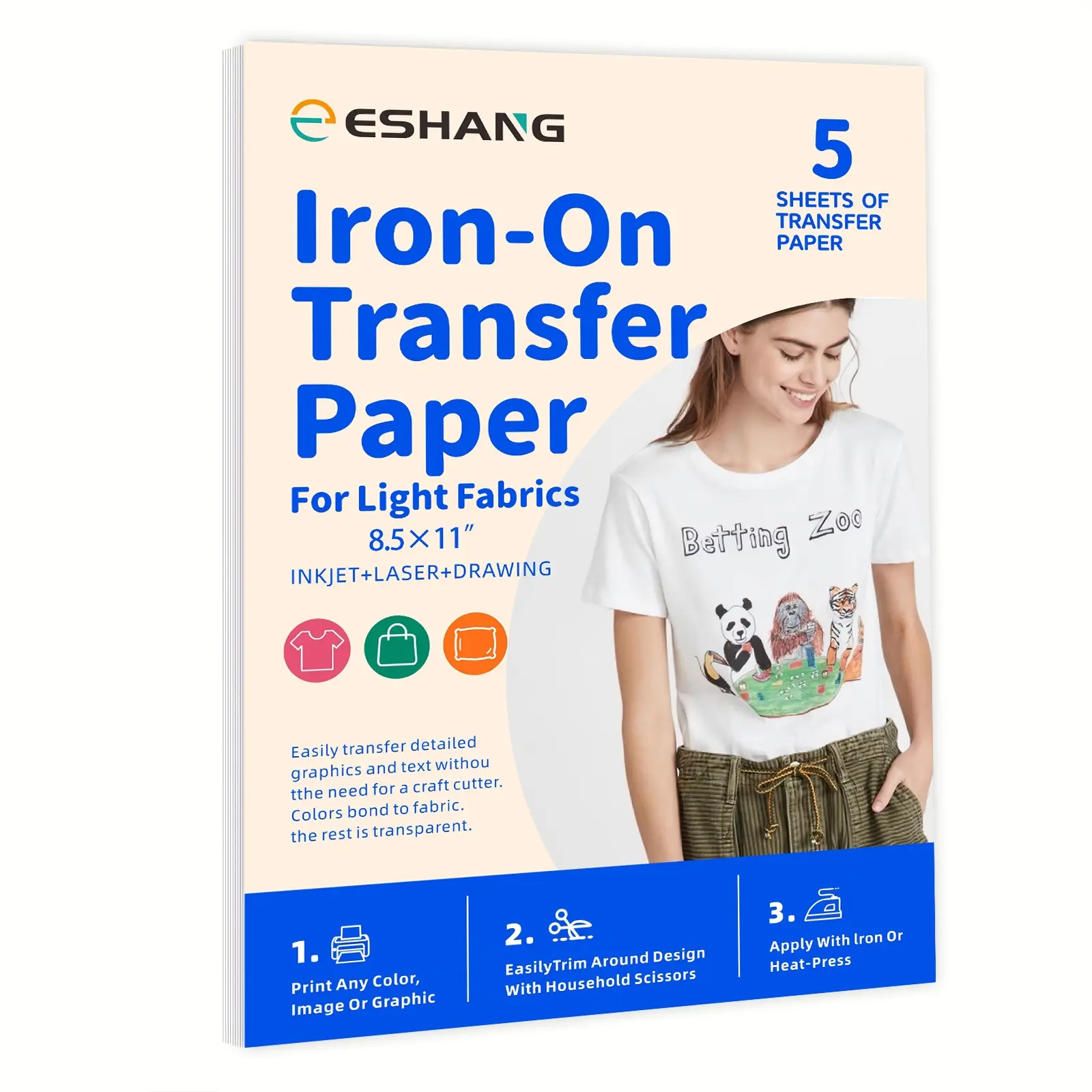 Letter Size 5 Sheets Iron-On Heat Transfer Paper, 8.5×11 Inch, Printable with Inkjet and Laser Printers, for T-Shirts and Bags
