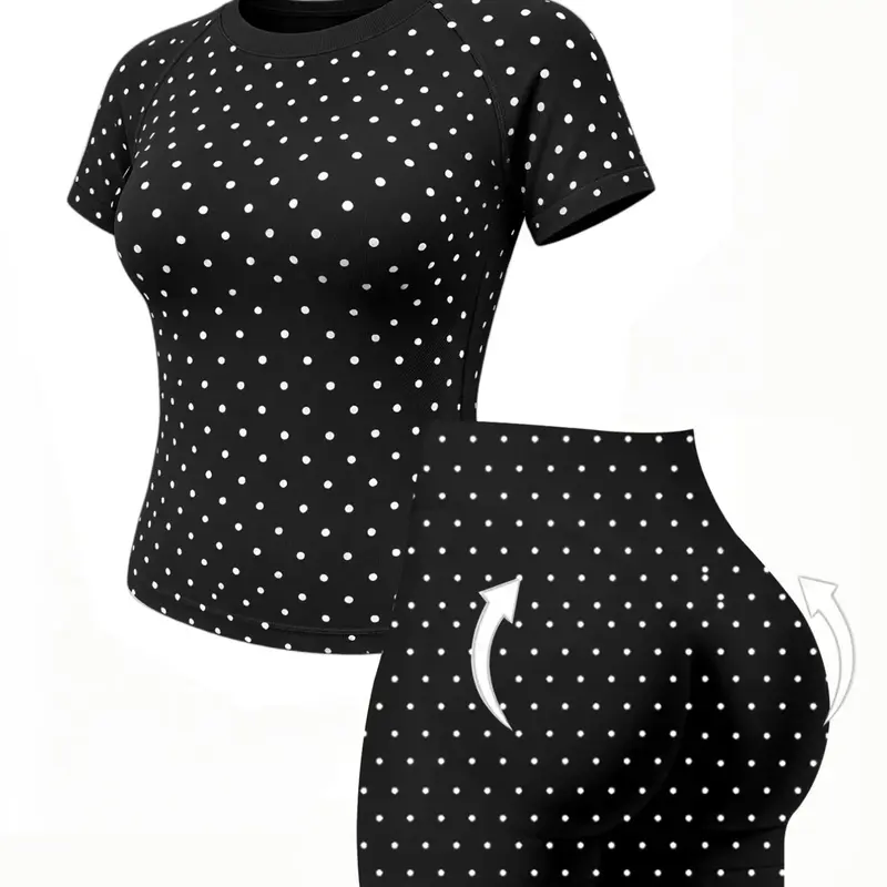 Fashion Dot Yoga Short Sleeve Set, Activewear Workout Set, High Elastic T-Shirt, Tight Fit Sporty Top, Ribbed Yoga Shorts, Outdoor Fitness Running Training, Athletic Workout Set, Women Workout Clothes