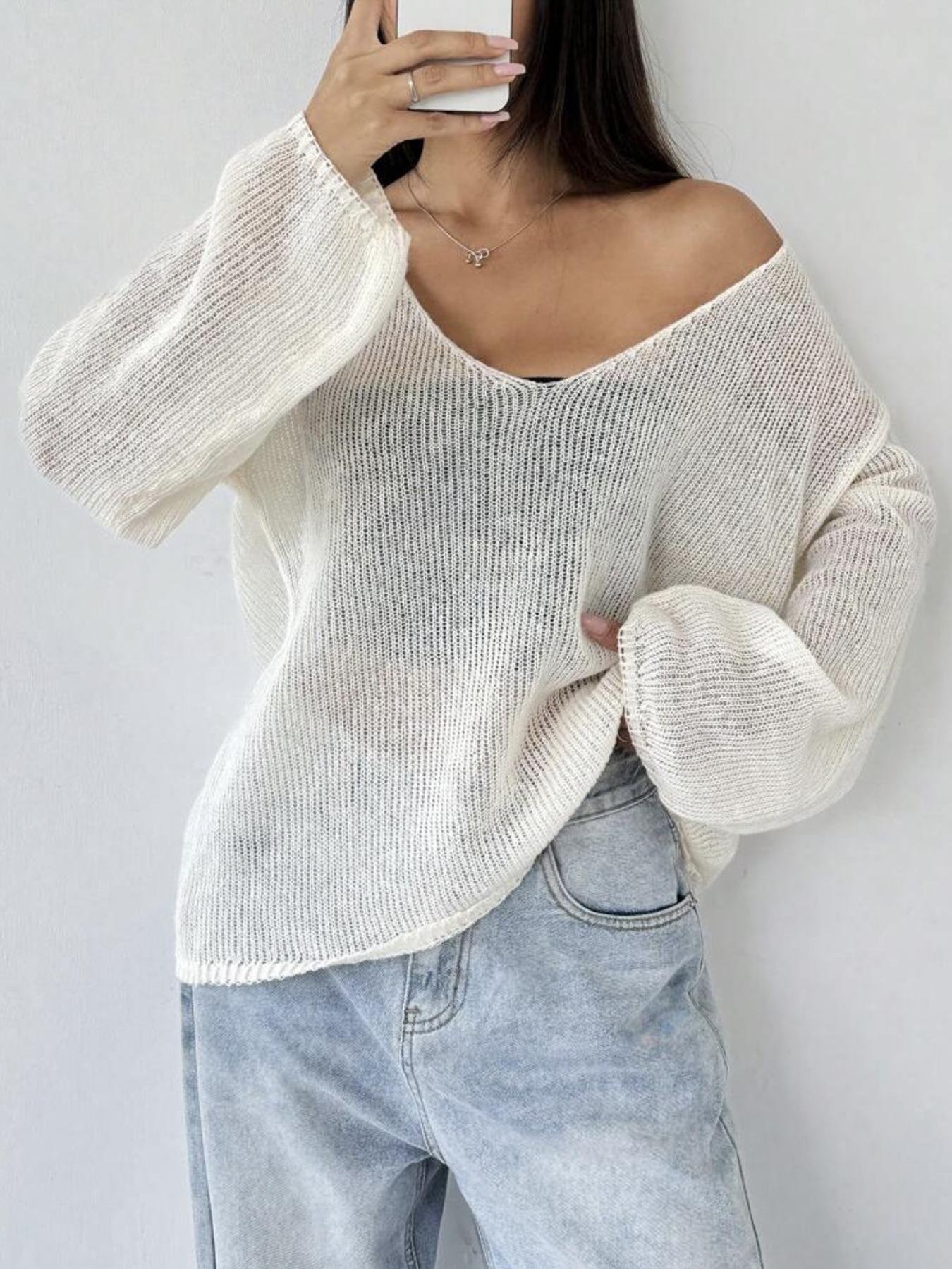 Women's Plain Sheer Sweater Pullover, Casual Basic Long Sleeve Jumper for Daily Wear, Ladies Knitwear for All Seasons