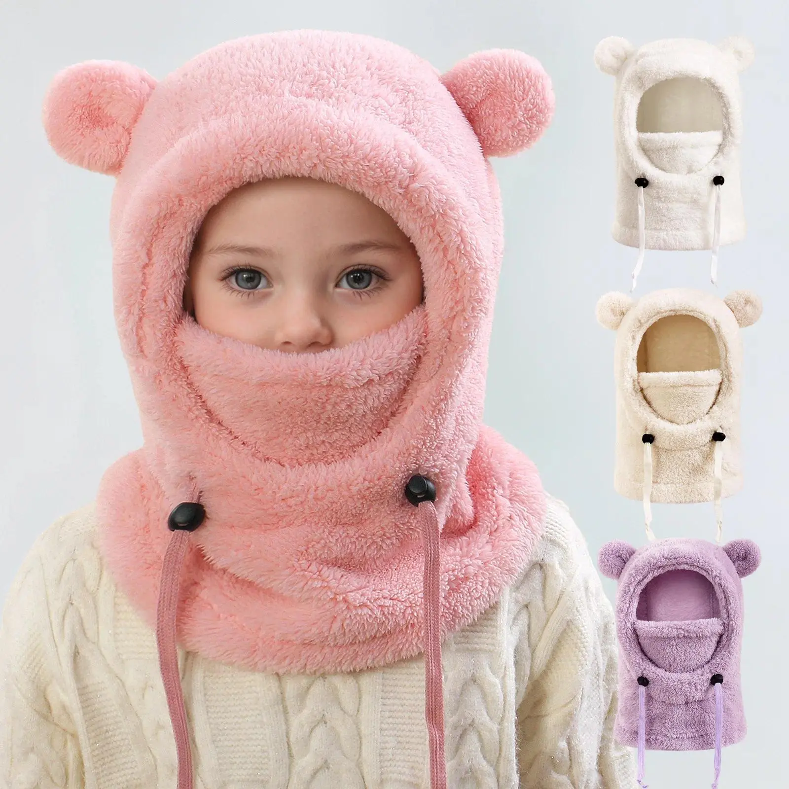 Viral kids bear ear plush balaclava hat winter integrated hood neck warmer drawstring windproof full face cover soft fleece hat for toddler children cold outdoor wear