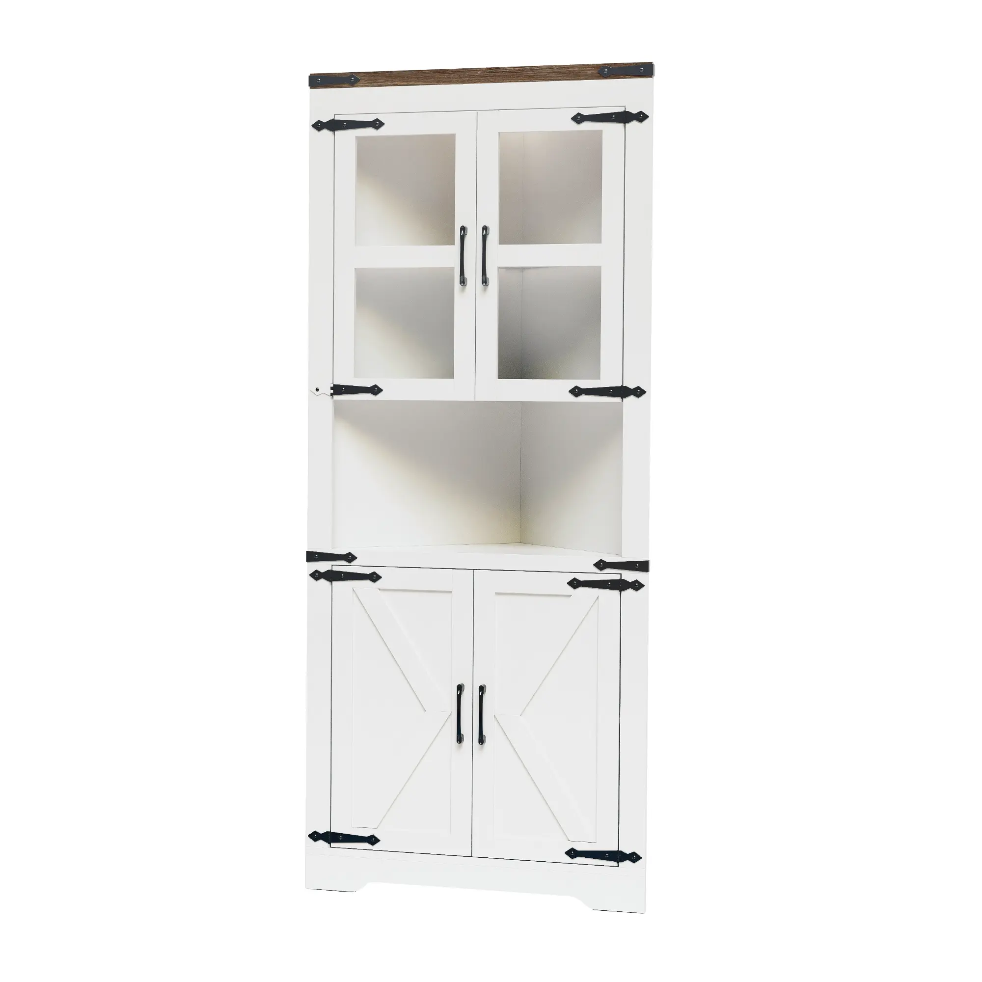 Space-Saving Tall Corner Storage Cabinet – Farmhouse Barn Door Design with 4 Doors, Glass & Adjustable Shelves – Freestanding Entryway Organizer for Kitchen, Bathroom, Living Room