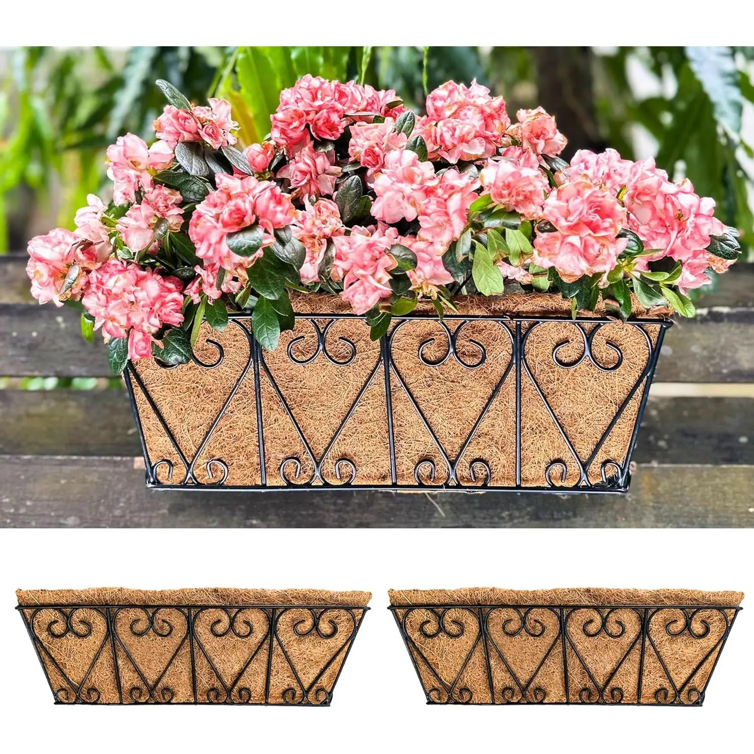 Wall Planters - 2 Pack, 16 Inch Window Flower Boxes Outdoor, Deck Railing Hanging Metal Wire Basket Black with Coco Liners Horse Troughs Fence Balcony Garden Farmhouse Patio Porch Over Rail