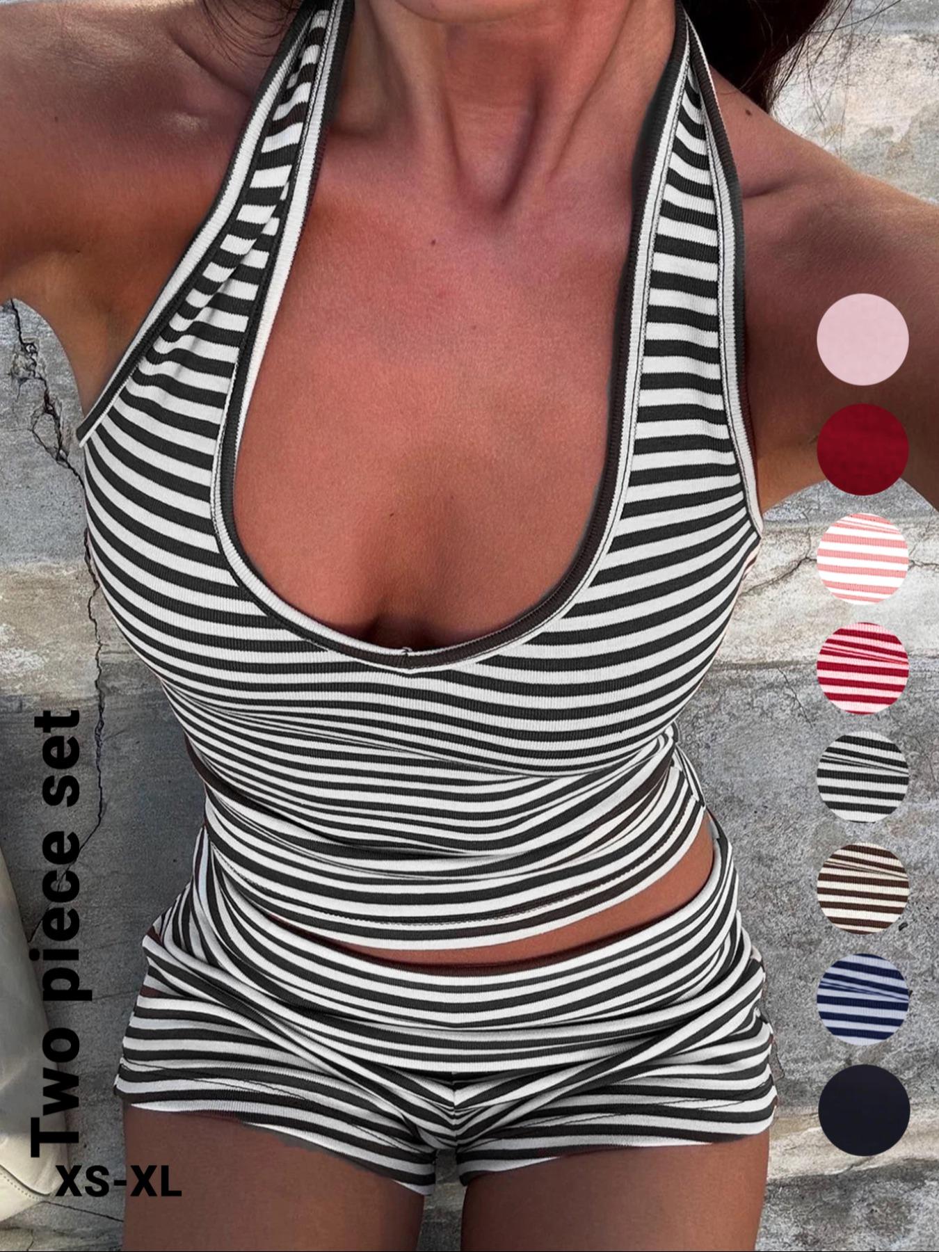 Women's Casual Striped Halter Neck Crop Top & Shorts Set, Summer Fitted Two-Piece, Regular Length, Moderate Fabric Thickness, Womenswear