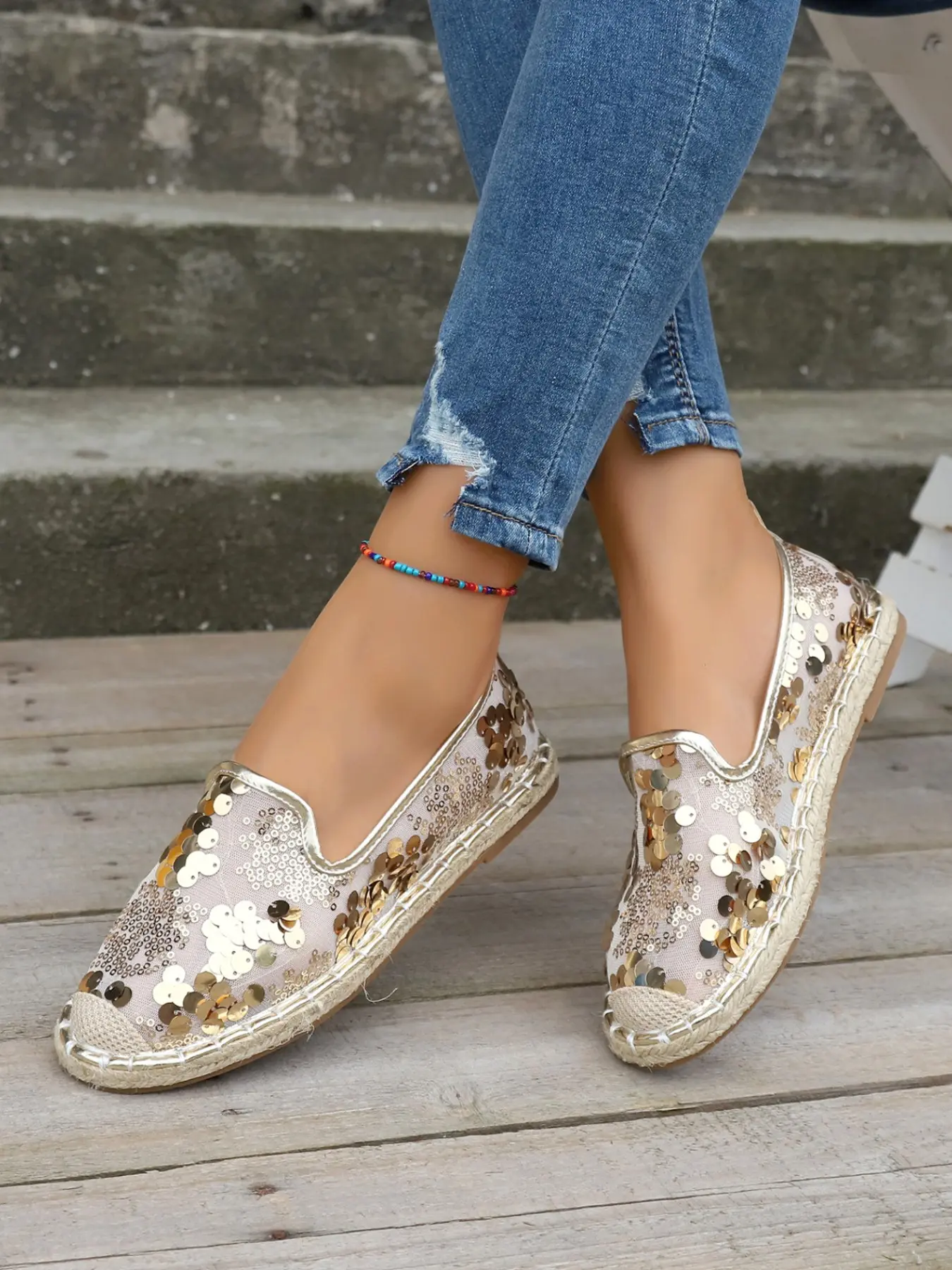 New Mesh Sequin Slip-On Fisherman Shoes for Women, Hemp Braided Flat Lazy Single Shoe, Luxury Sparkle Breathable Comfort Casual Vacation Shoes
