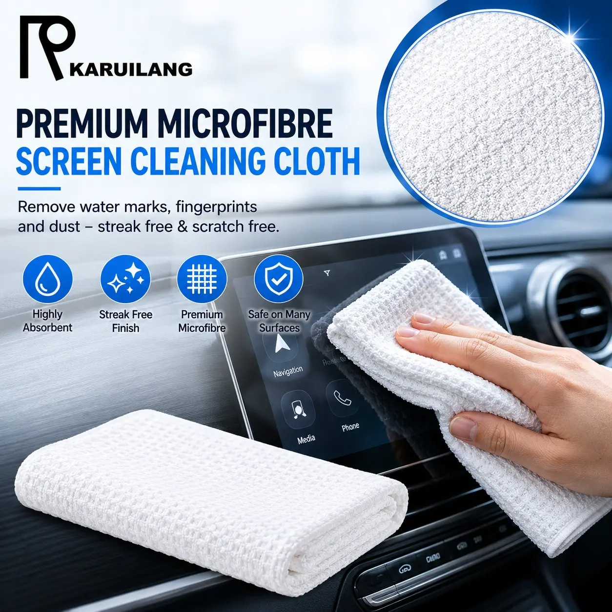 Karuilang One Pcs Ultra-Fine Fiber Cleaning Cloth, High Absorbency Screen Wipe, 60cmx40cm, Car Dashboard & Touchscreen Cleaner, Scratch-Resistant, Scratch Free Cloth