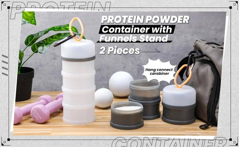 2 Pcs Protein Container with Funnels Stand, 4 Stackable Leakproof Protein Powder Dispenser, Portable Keychain Powder Container for Workout, Fitness, Travel(Gray, White)