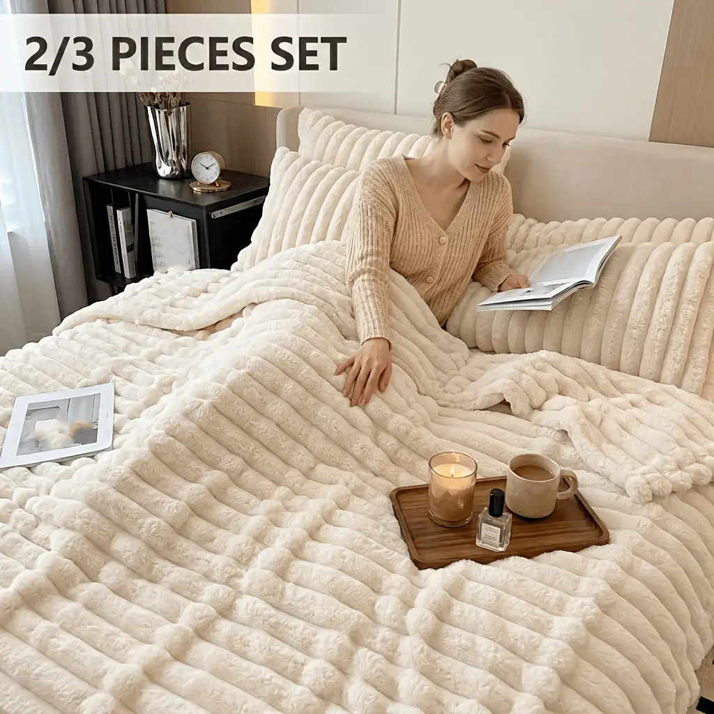 2/3 Pcs Plush Fluffy Faux Rabbit Fur Bedding Set Twin/Queen/King Size, Cozy Soft Warm Blanket & Pillowcases, Available in Pink/Dark Gray/Cream/Random Color