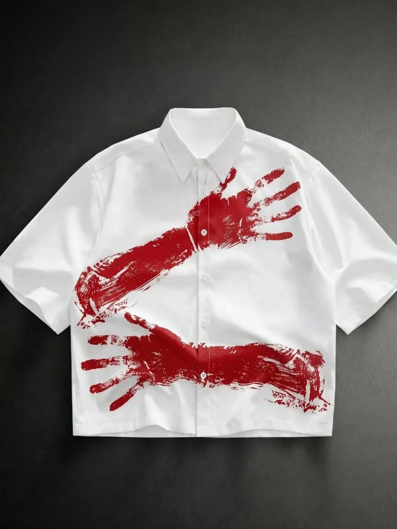 Unisex White Cropped Short Sleeve Button Up Shirt | Rainbow Gradient Hand Palm Print LGBT Pride Top | Lightweight Y2K Summer Street Casual Shirt for Men & Women