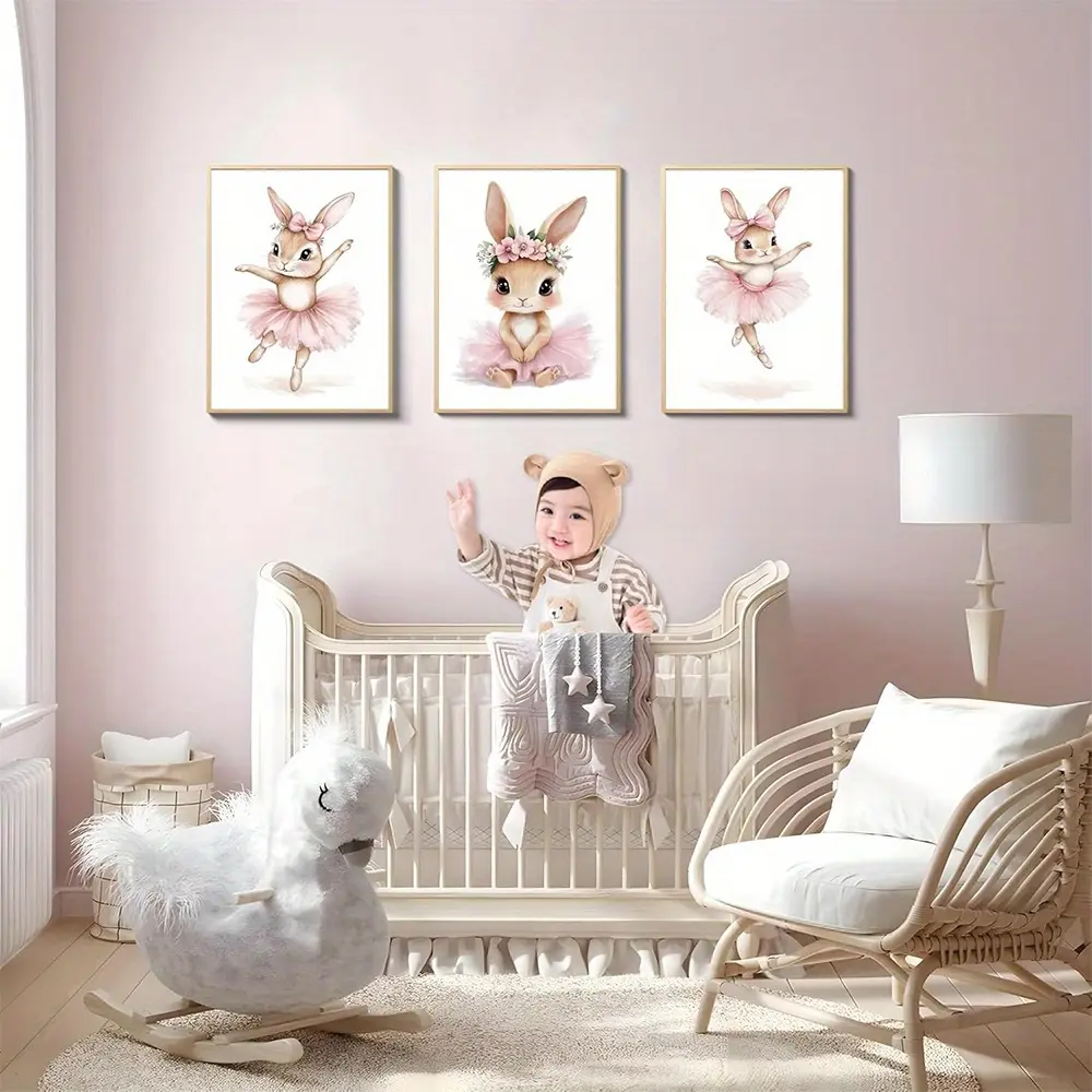 Framed 2D Flat Nursery Wall Art Posters Set of 3, Easter-Themed Canvas Prints with Cute Pink Bunnies, Suitable for Boys' & Girls' Bedrooms, Home Decor Supplies