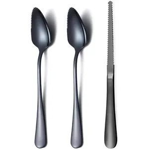 3 Pieces Black Grapefruit Utensil Set, Includes 2 Serrated Stainless Steel Titanium Plating Grapefruit Spoons and 1 Grapefruit Knife, Pack of 3 (Black)