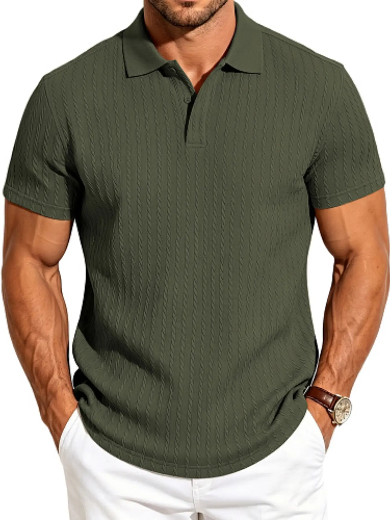 Men's American Old Money Style Knitted Polo Short Sleeve, Snake Bone Elastic Texture Slim Fit Turn Down Collar T-Shirt, Summer Golf Commute Wear