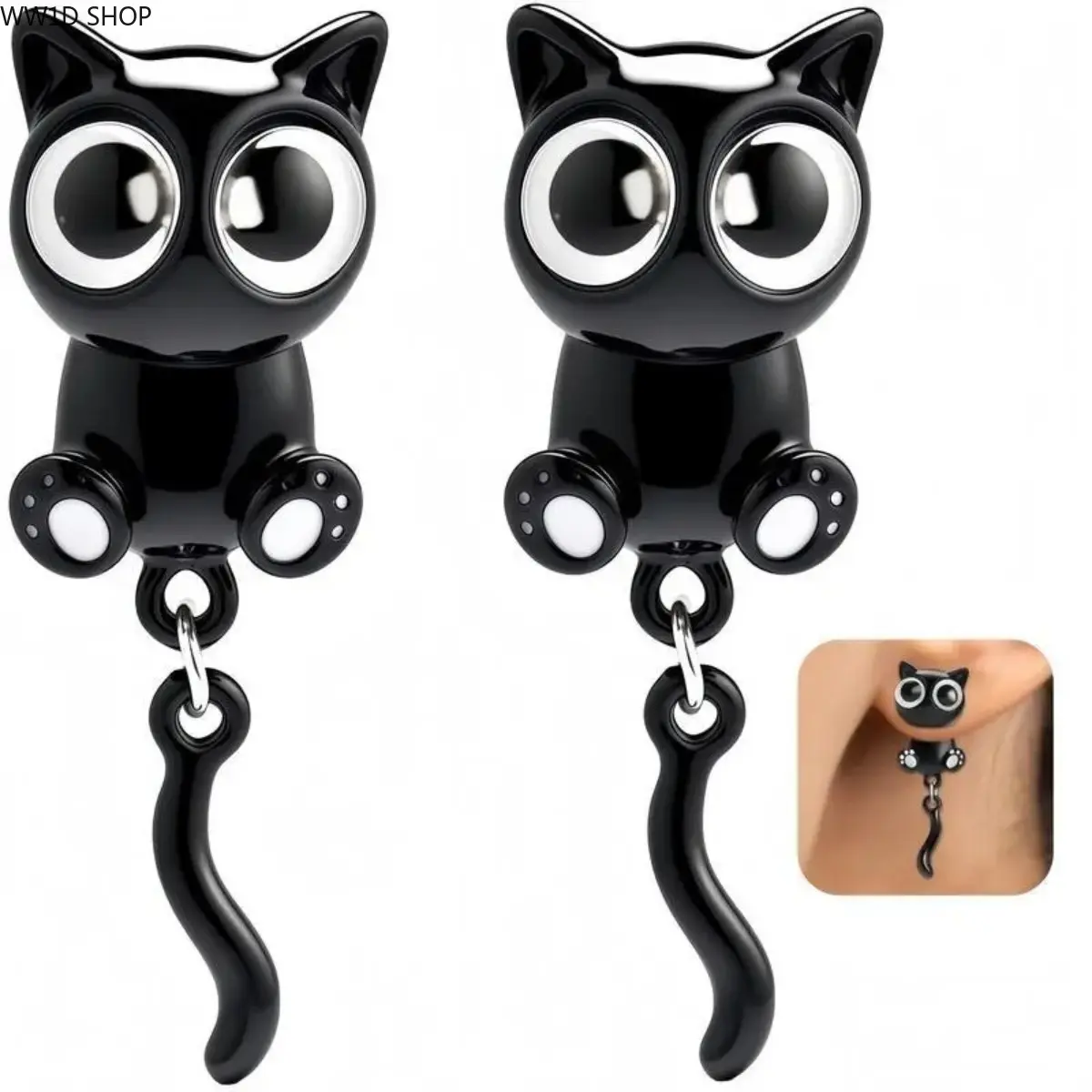 Women's 3D Black Cat Stud Earrings with Paw Detail - Copper Base Animal Motif Jewelry for Everyday Use, Costume Styling