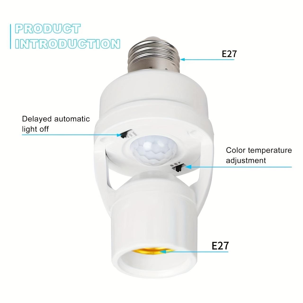 Motion Sensor E27 Light Socket Converter, Adjustable Delay Time Switch, Color Temperature Control E27 Base Bulb Adapter for Home Use