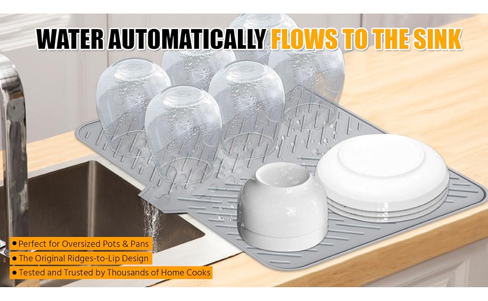 Silicone Dish Drying Mat with Built-in Drain Lip - Hygienic Drying Pad - Sturdy Compact Easy to Clean Tray Protects Surfaces Prevents Water Build Up - 23 X 17 (Grey)