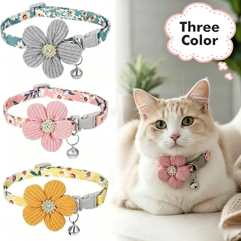 Floral Print Pet Collar Charm, Adjustable Neck Ring with Removable Diamond Bellflower Strap & Cat Bow Tie Bag Accessory