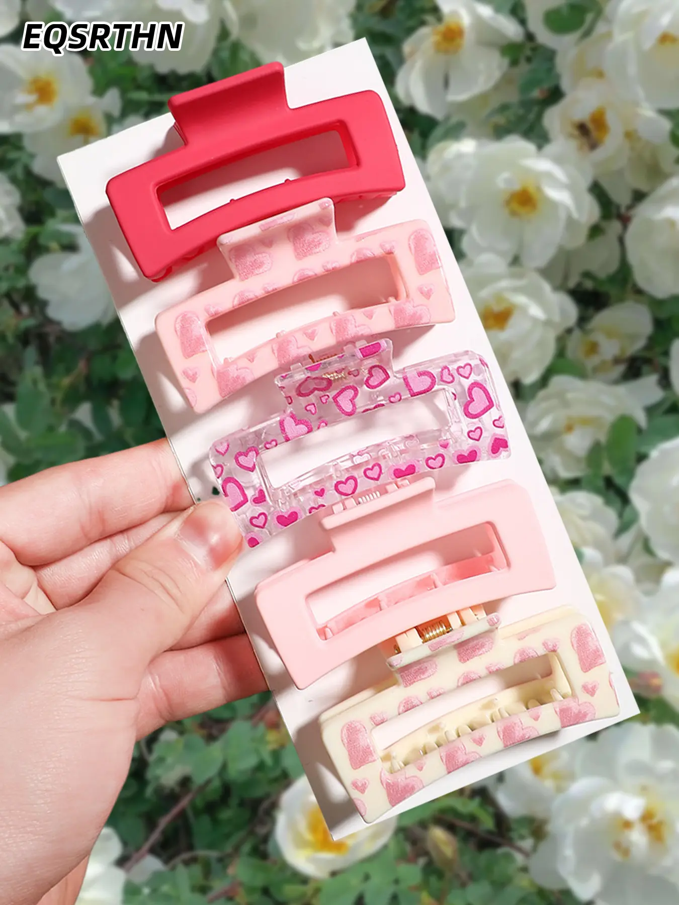 5pcs Matte & Clear Heart Pattern Rectangular Hair Claw Clips, Non-Slip Large Hair Catch Barrettes for Thick Thin Hair, Sweet Aesthetic Headwear Cute Hair Accessories for Daily Office Travel Vacation Beach, Elegant Hair Styling Accessories