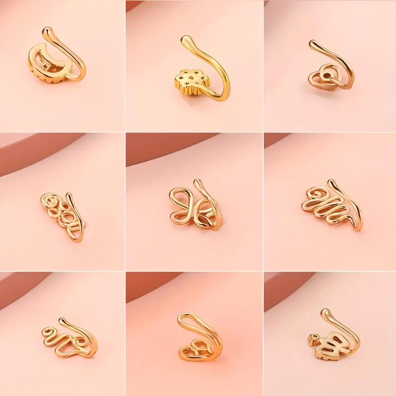 ARPURRAINA 9pcs Fashion Sparkle Fake Piercing Nose Rings Accessories - Copper & Stainless Steel Non-Piercing Clips (U-Shape, Star, Love, Crown, Cross) with Zirconia Rhinestones, Gold-Tone Punk Body Jewelry, Fashion Nose Rings,sohochic