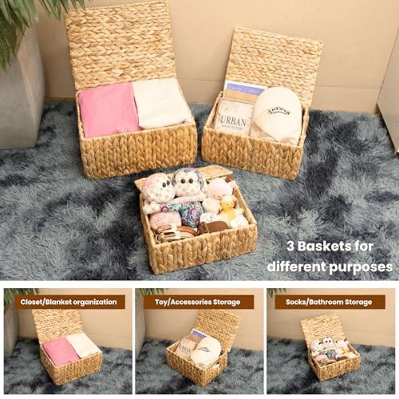 Wicker Storage Baskets with Lid Set 3 Basket With Lid Decorative Storage Rectangle Wicker Storage Basket Large Rattan Storage Box Hyacinth Baskets