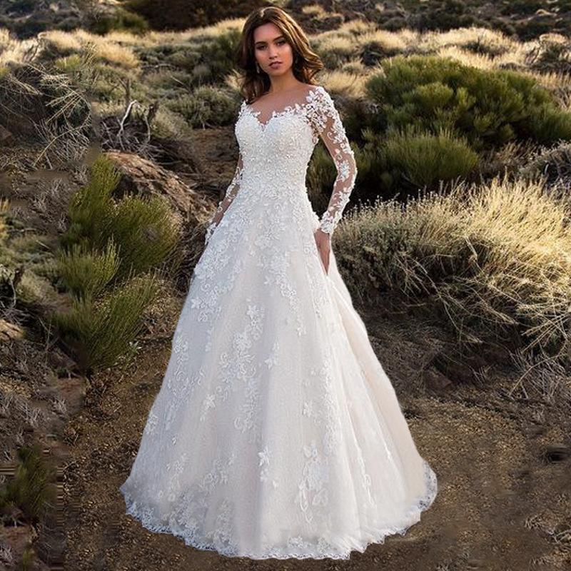 2026 New Style Women's Long-Sleeve Solid Color Sheer Lace Wedding Dress Bridal Gown