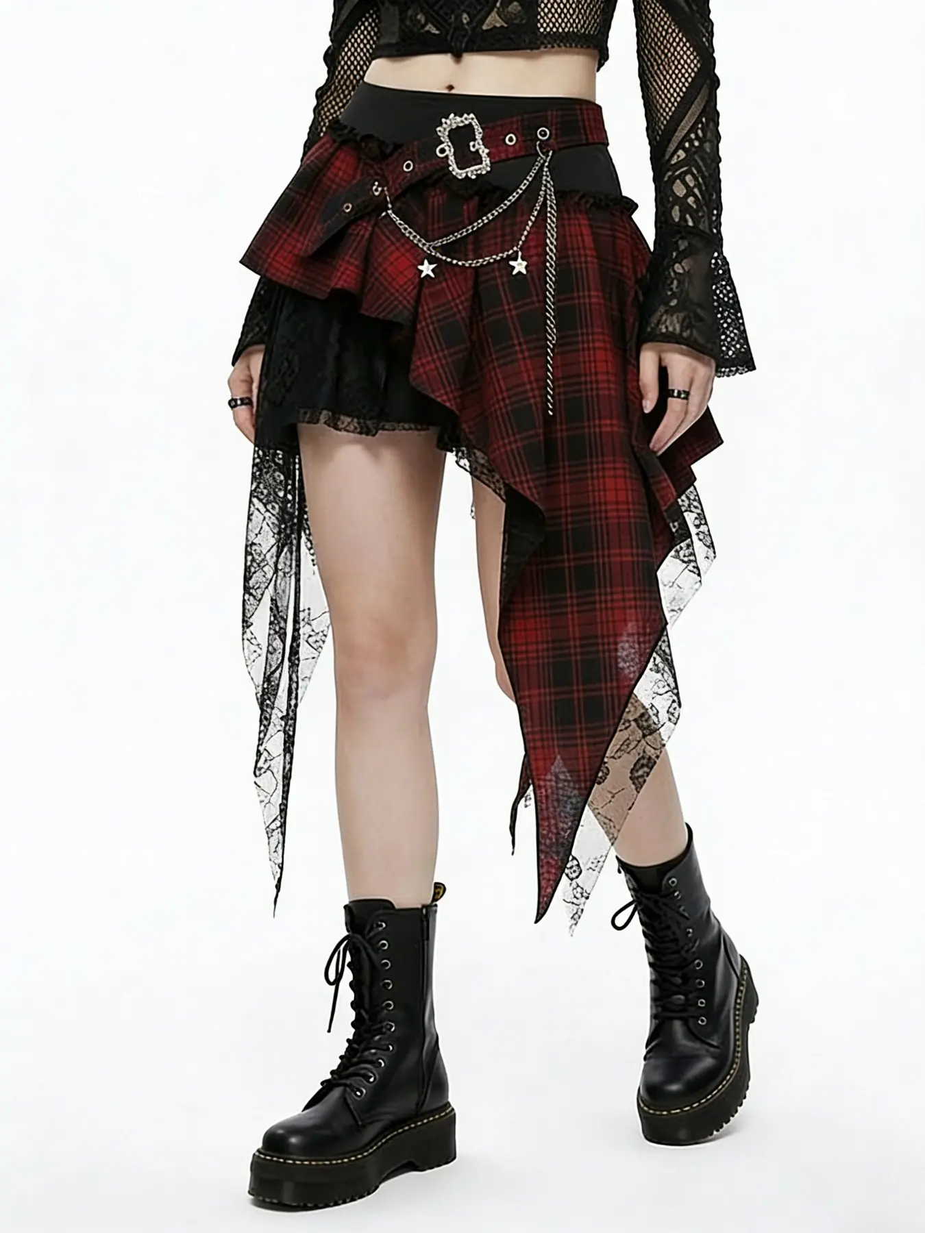 Dark Gothic Lace Patchwork Asymmetrical Plaid Houndstooth Skirt, Versatile Comfortable Dress, Halloween, Y2K Style, Drop Waist, Loose Fit