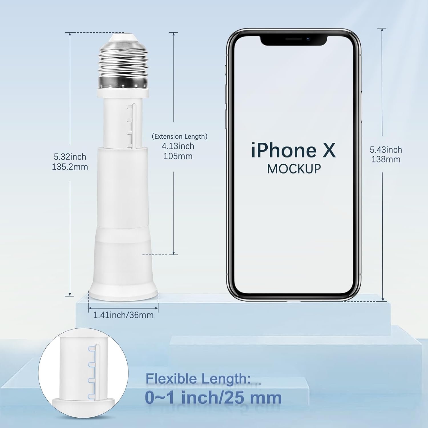 E26 3.15-4.13Inch/8-10.5CM Extension Flexible Socket Extender Adapter, E26 Edison Screw Converter, Light Socket Extender, Lamp Bulb Extension, 6-Pack