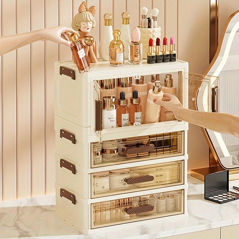 Foldable Large Makeup Storage Case with Drawers, Transparent Cosmetic Organizer Cabinet for Skincare and Makeup Products, Large Capacity