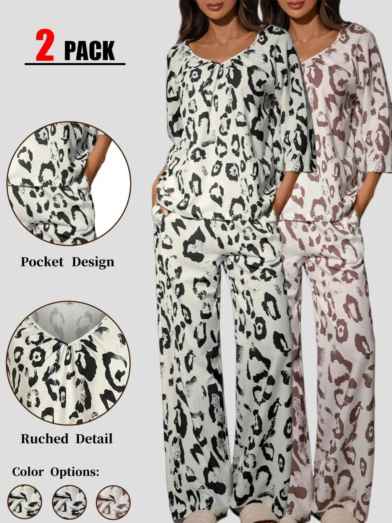 Women's Lounge Set 2 Piece, Leopard Print V Neck 3/4 Sleeve Top & High Waisted Wide Leg Pants with Pockets, Casual Matching Outfit for Women, Soft Stretchy Loungewear Set for Travel, Home & Everyday Wear
