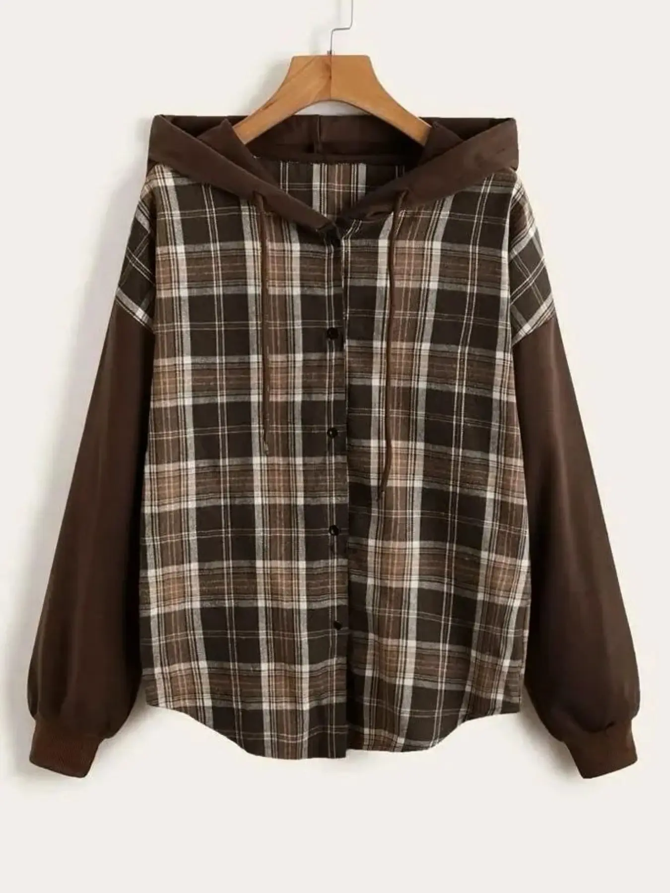 Women's Deep Plaid Patchwork Hooded Shirt Jacket, Loose Single Button Drawstring Long Sleeve Sweatshirt, Vintage Streetwear Top