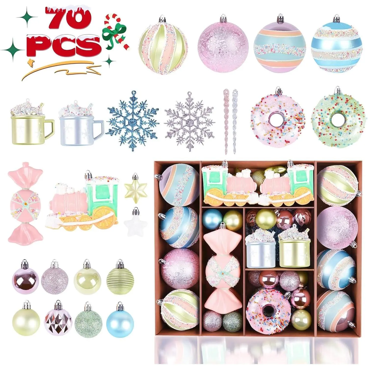 70 count Colorful Candy Ornament Set for Christmas Tree, Shiny Brite Pastel Decorations Including Donuts, Candy, Mugs, and  for Candyland, Party, Christmas, Weddings, and  Décor