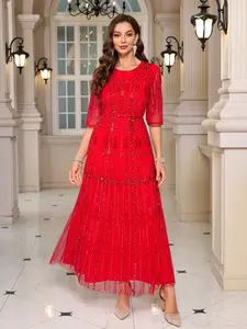 JINLICX Women's Red Sequin Evening Dress Long Beaded Formal Gown with Sheer Half Sleeves – Sparkly Maxi Party Dress for Mother of Bride, Prom & Cocktail Events 88151