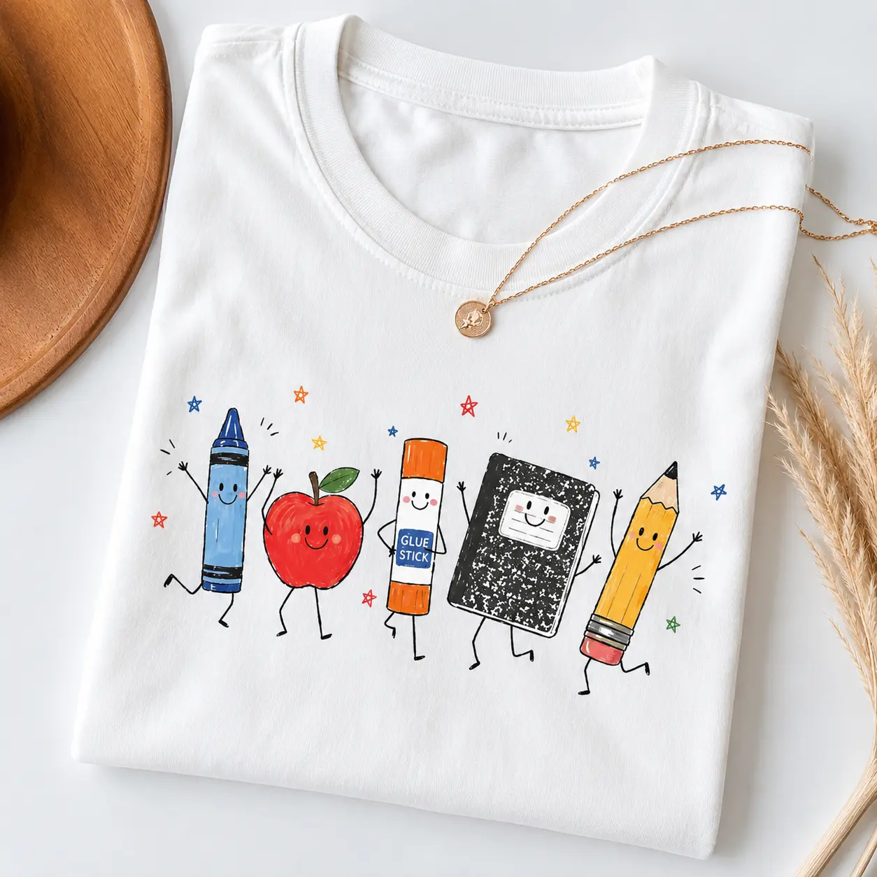 Cute School Supplies Heritage Graphic Tee, Aesthetic Back To School Spirit Shirt, Radiant Teacher Crayon Apple Pencil Notebook Top, Thoughtful Classroom Sublimation Gift Boutique Heritage Apparel