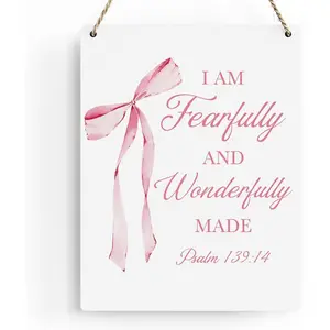 Christian Gifts for Women, Pink Bow Bible Verse Wall Decor, Inspirational Psalm 139:14 Sign for Bedroom Dorm Office, Faith Gift for Graduation