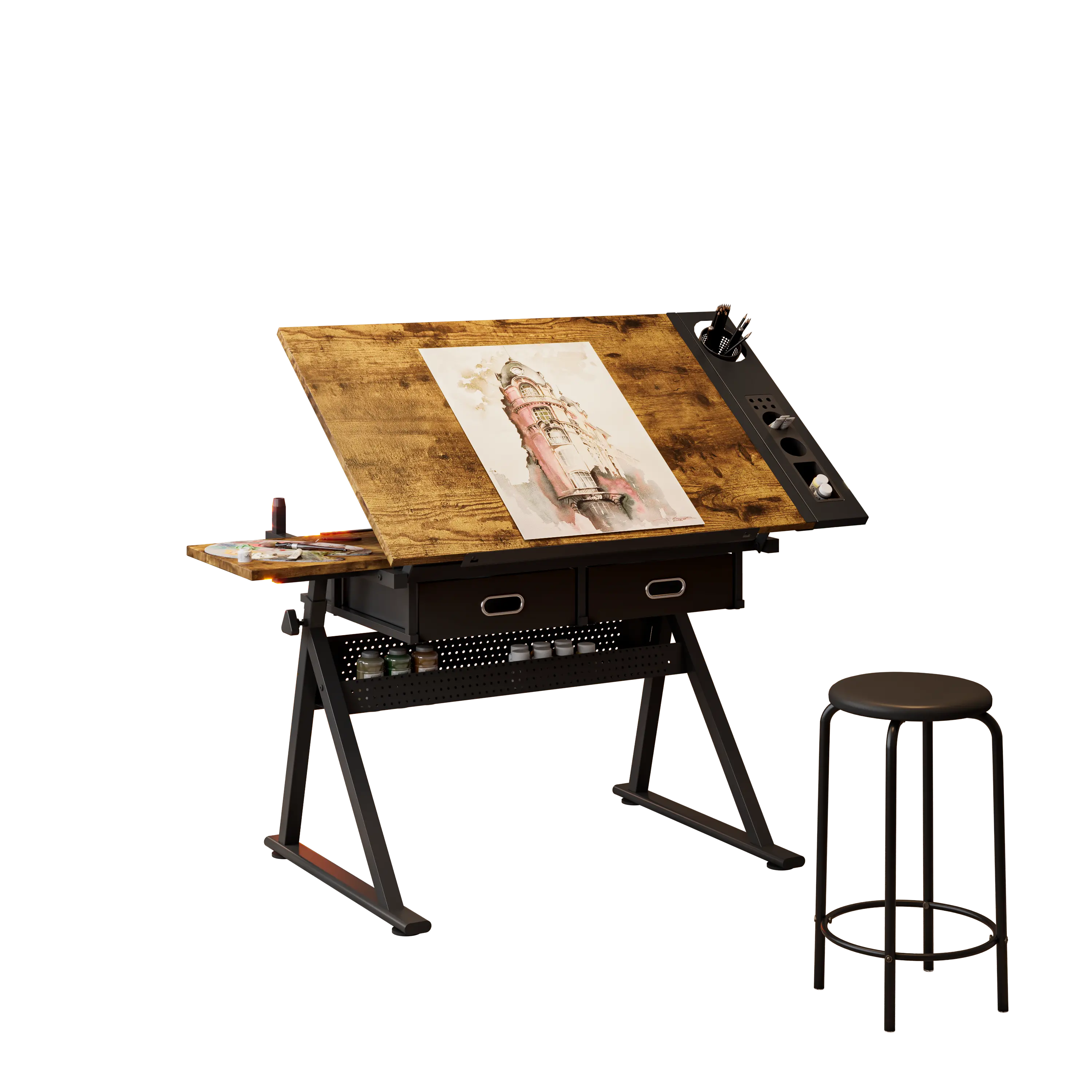 MOMONITOR Adjustable Drawing Table with Stool, 2 Drawer Drafting Desk for Artists, Tiltable Tabletop for Home Office, School & Studio, Wooden Architect Desk