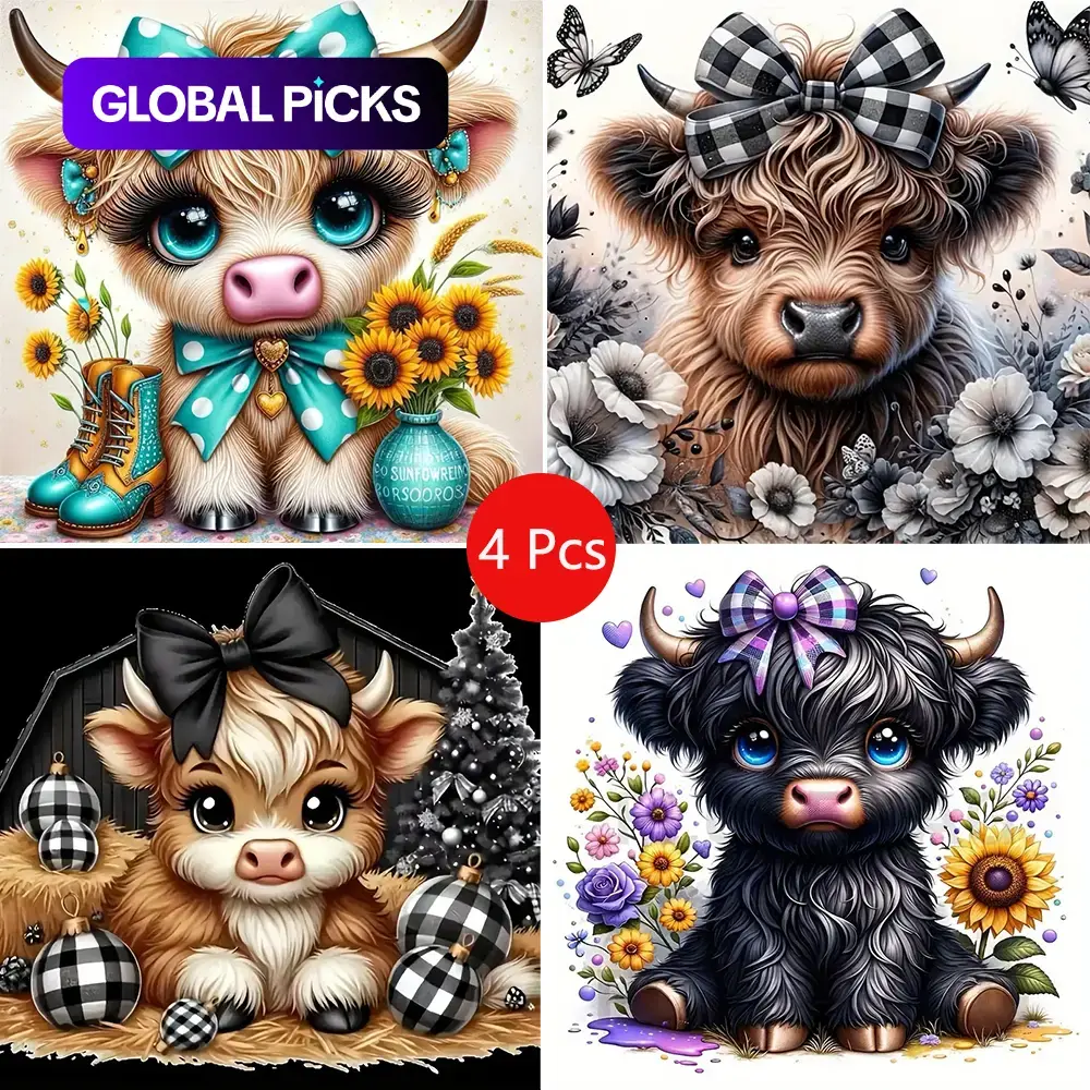 Highland Cow Diamond Painting Kit, 4-Piece Adult DIY Kits Craft 5D Full-Drill Round Diamond Art Set, Vivid Artwork, Frameless Home Décor #GLOBAL PICKS