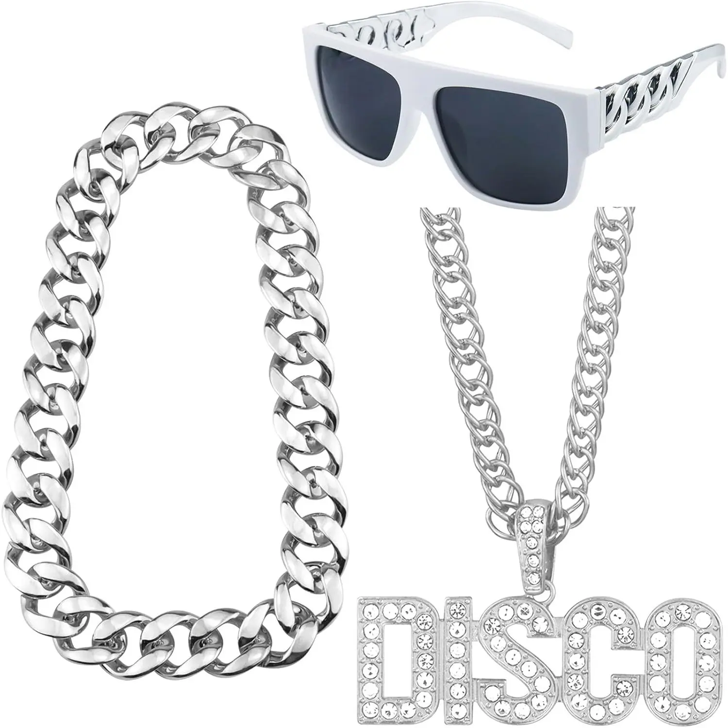 3 Pack 70s Party Chain Costumes Outit   chain Disco Necklace Twist  Punk sunglasses 80s 90s  Hop Costumes for Men Women Rapper Accessories